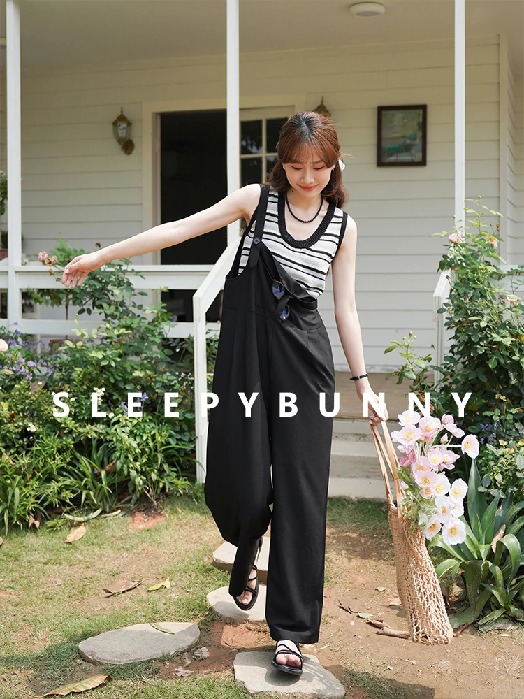 Vintage High Waist Overalls Women Summer Wide Leg Jumpsuit Adjustable Straps Fit Straight Leg Romper Petite Casual Street Style