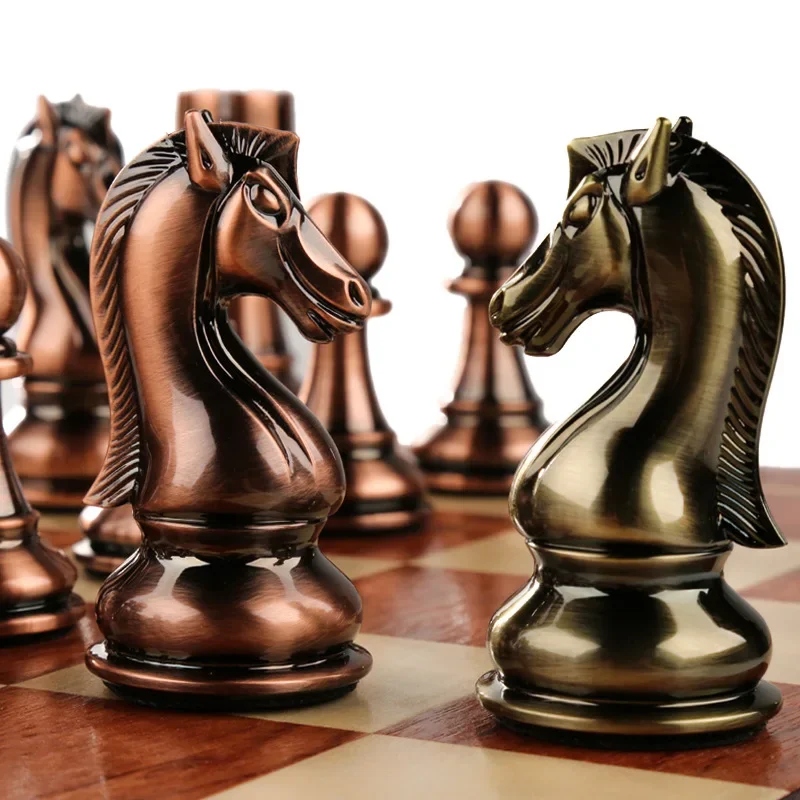 

Factory Price Retro Bronze Metal Chess Board Game 52CM Folding Wooden Chessboard Luxury Board Games Chess Set Christmas Gift