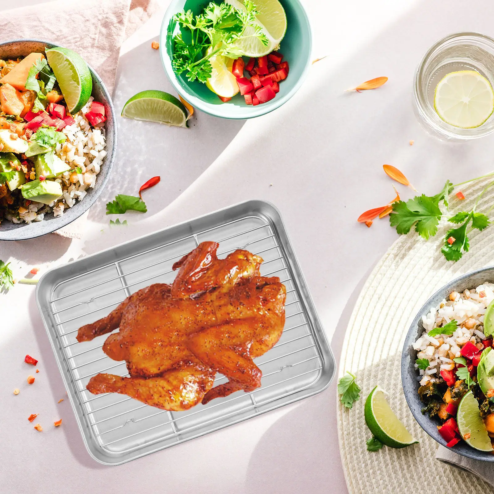 

1Set Stainless Steel Baking Tray Non Stick Oven Baking Sheet Pan with Wire Cooling Rack Oil Drainage Food Serving
