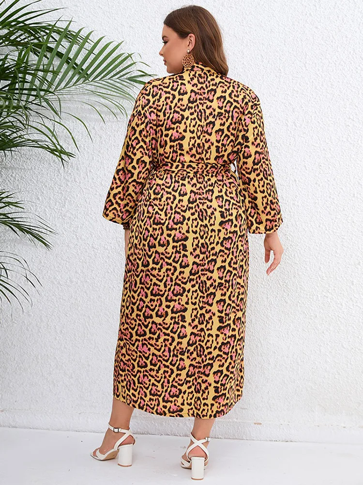 GIBSIE Plus Size Leopard Print Belted Long Kimono Cardigan Women Open Front Long Sleeve Blouse Holiday Bohemian Beach Tunic Tops