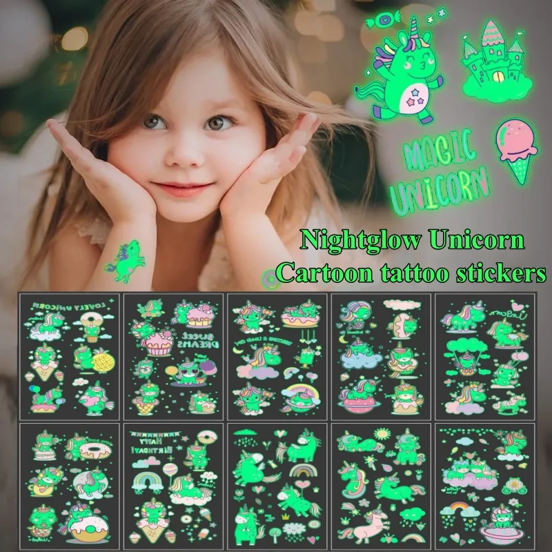 10pcs/set Glow in The Dark Temporary Tattoos for Children Unicorn Luminous Kids Tattoos Fake for Boys Girls Pegatinas Infantiles