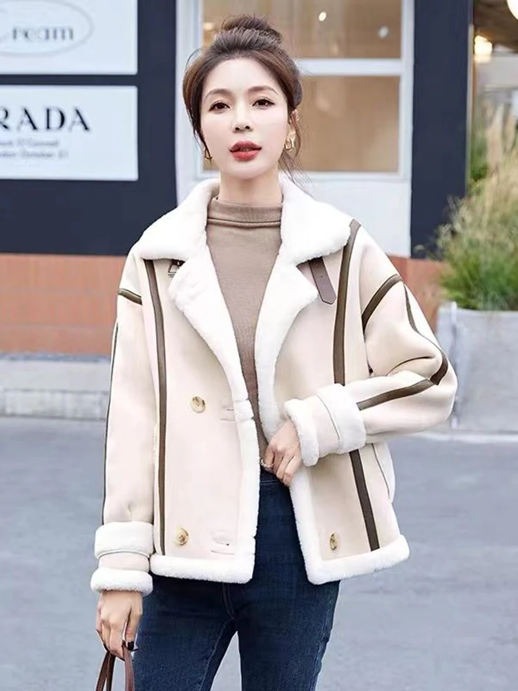 Jmprs Streetwear Biker Faux Lamb Jacket Women Winter Thick Warm Chic Coat Korean Fashion Loose Double Breasted Design Lady Tops