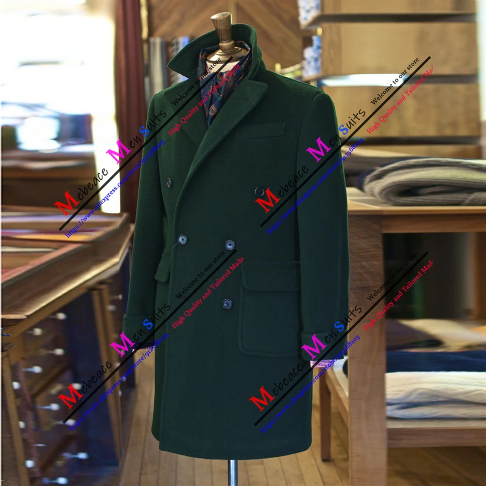 Handsome Winter Dark Green Suit Jackets Double Breasted Wool Thick Men Overcoat Slim Fit Warm Coats Formal Groom Long Blazer