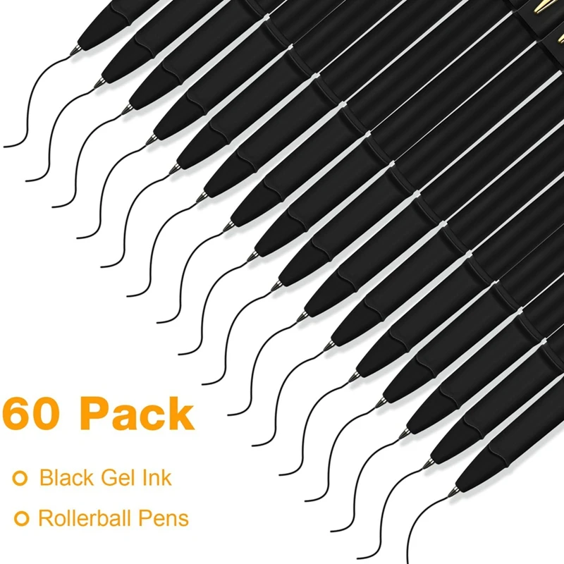 60 Pcs Black Gel Ink Pens Rollerball Pens Bulk Ultra Fine Point Roller Ball Pens Gel Pens For Office, School, Writing