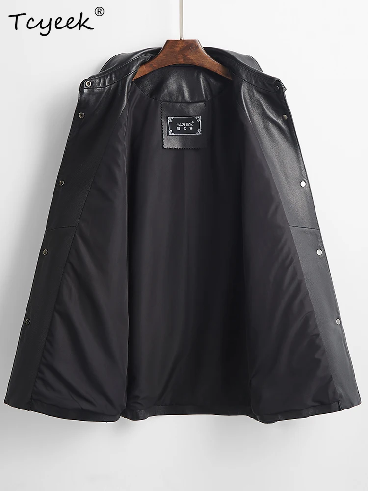 Tcyeek 양피 여성 가죽 자켓 봄 가을 옷깃 긴 소매 블랙 중간 길이 윈드 브레이커 자켓 Chaqueta Cuero