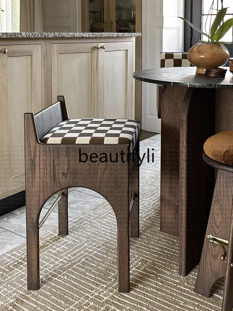 

Chessboard bar chair retro style black walnut island chair home design sense solid wood fabric high stool