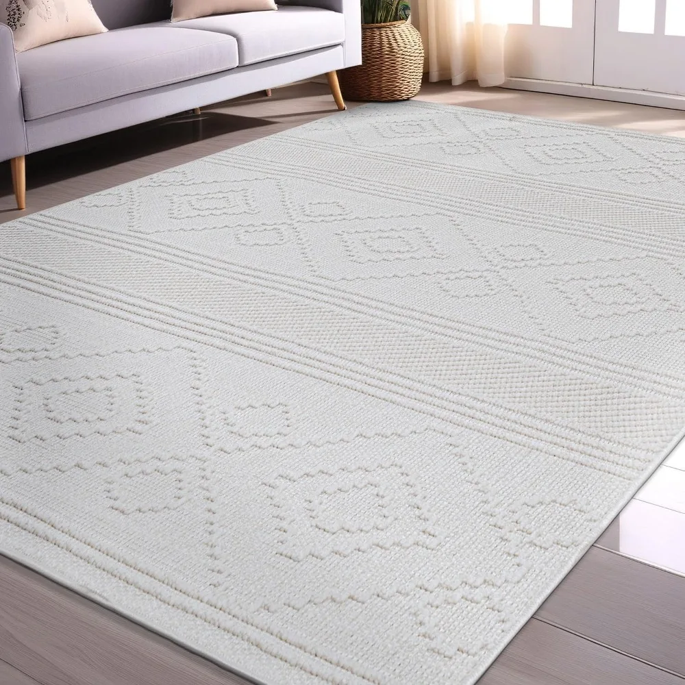 Micro Loop Large Area Rug White 10x14 Modern Luxury Boho Geometric Durable Indoor Area Rugs for Living Dining Room Office Stain