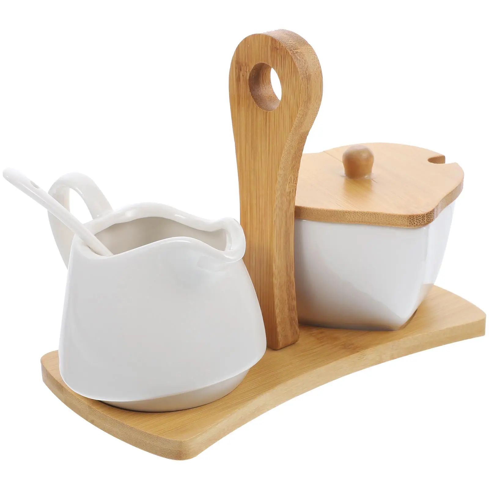 

Ceramic Sugar Bowl Creamer Set Premium White Kitchen Decor Gift Sugar Jar Milk Jug Wooden Spoon Containers