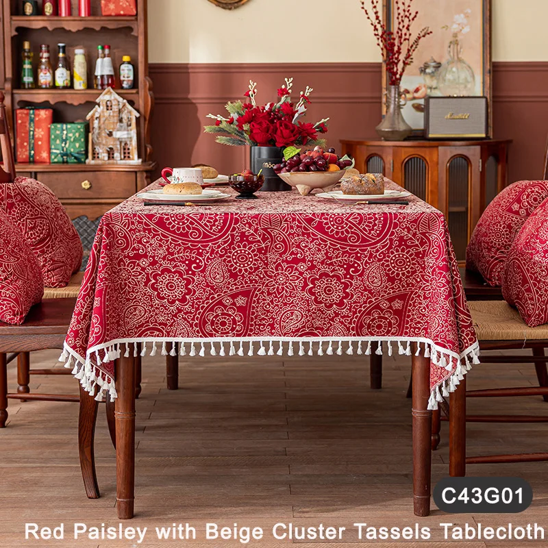 

Chinese new year decorations 2026 Red Jacquardwith Golden Fringe - Wedding Celebration Rectangular Dining Tablecloth