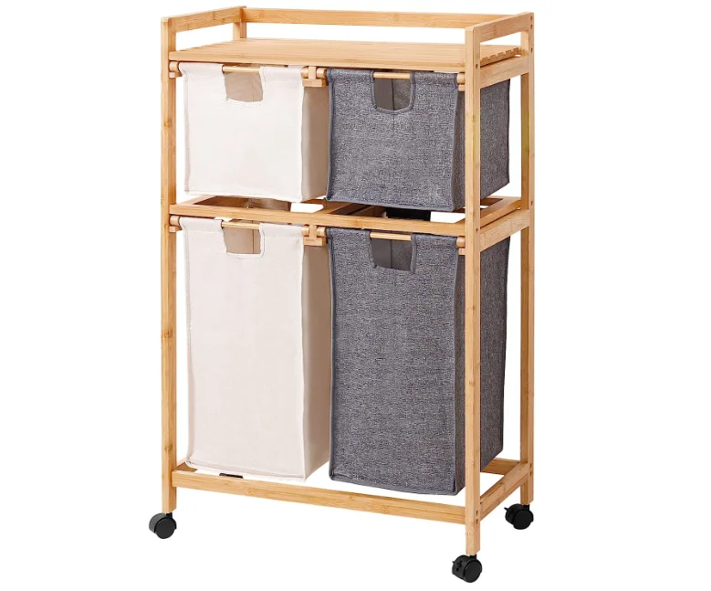 ！@Combohome Bamboo Large Laundry Hamper Freestanding Laundry Sorter Organizer 4 Section Laundry Basket with Top