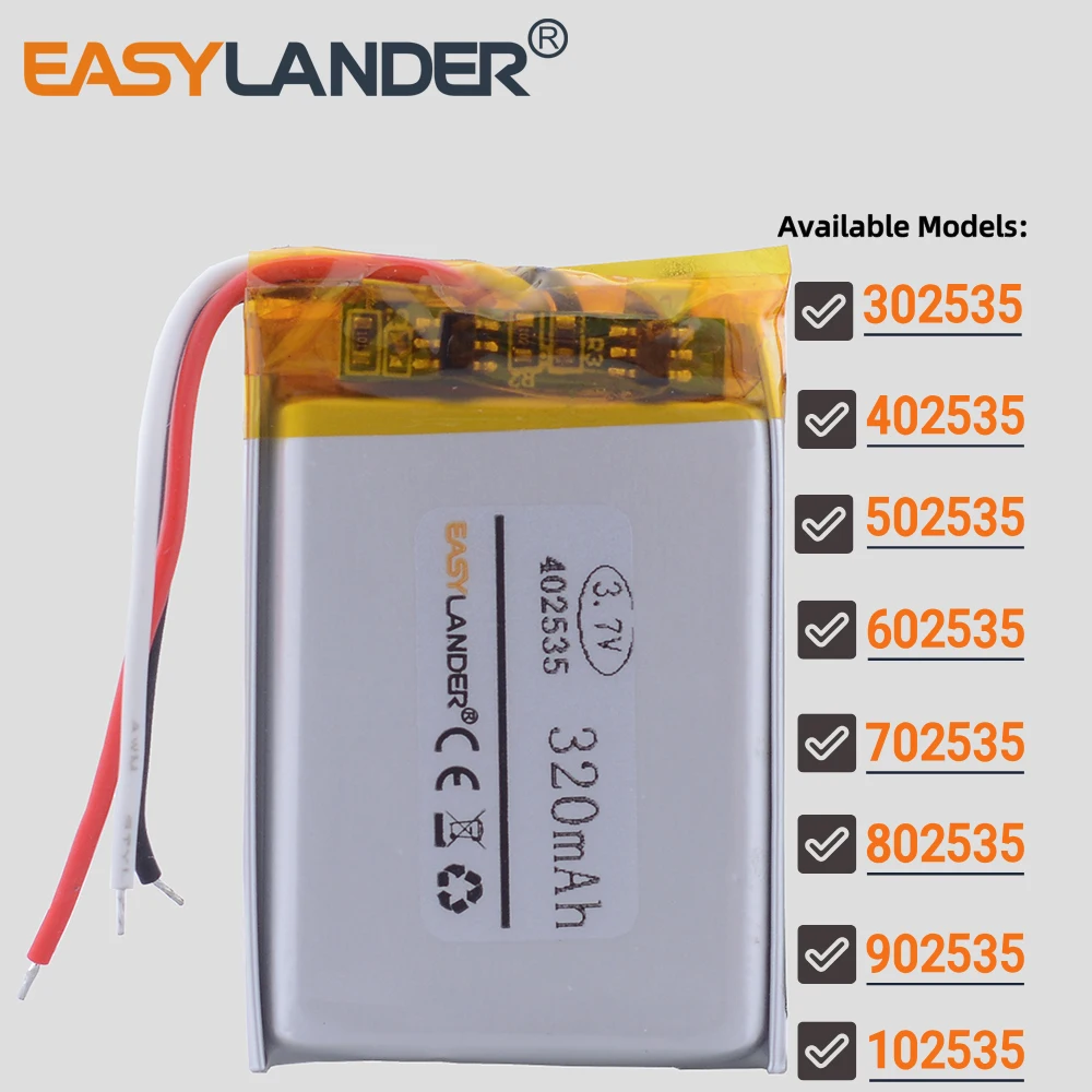 3Wires 3.7V 302535 402535 502535 602535 702535 802535 902535 102535 Rechargeable Li-Polymer Battery