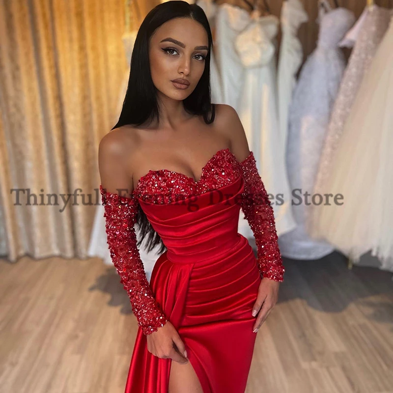 Thinyfull 2023 Red Mermaid Prom Avondjurken Sweetheart Sequines Party Dress Hoge Split Floor Lengte Cocktail Jurken Plus Size