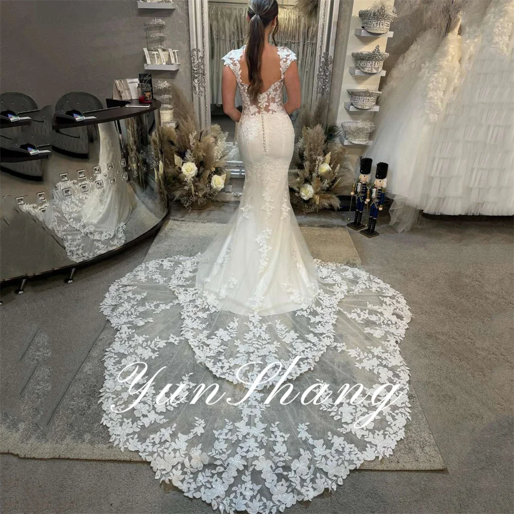 Yunshang Luxury Mermaid Wedding Dress Lace Sweetheart Cap Sleeve Open Back Bridal Gowns Court Train Vestido De Novia Customized