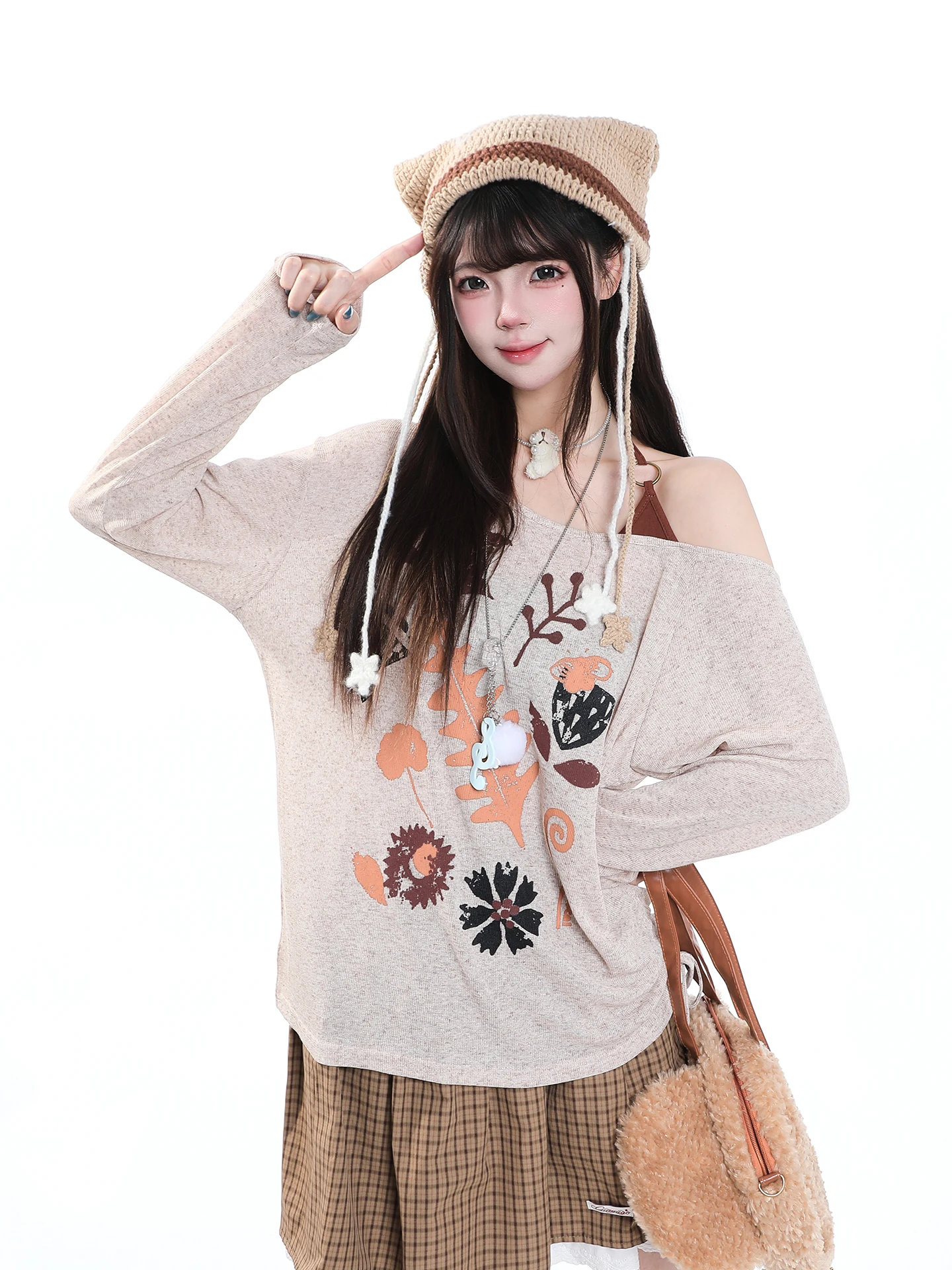 Korean Style Plant Print Asymmetrical Shoulder Cover up Women's Loose Casual Drawstring Design Long Sleeve Sun Protection Sho...