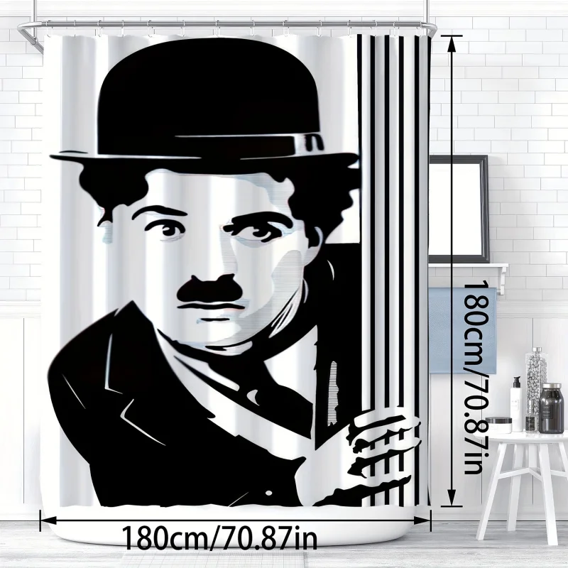 Charlie Chaplin Tribute Shower Curtain - Waterproof, Machine Washable With Hooks Included, Artistic Black & White Line Design Fo