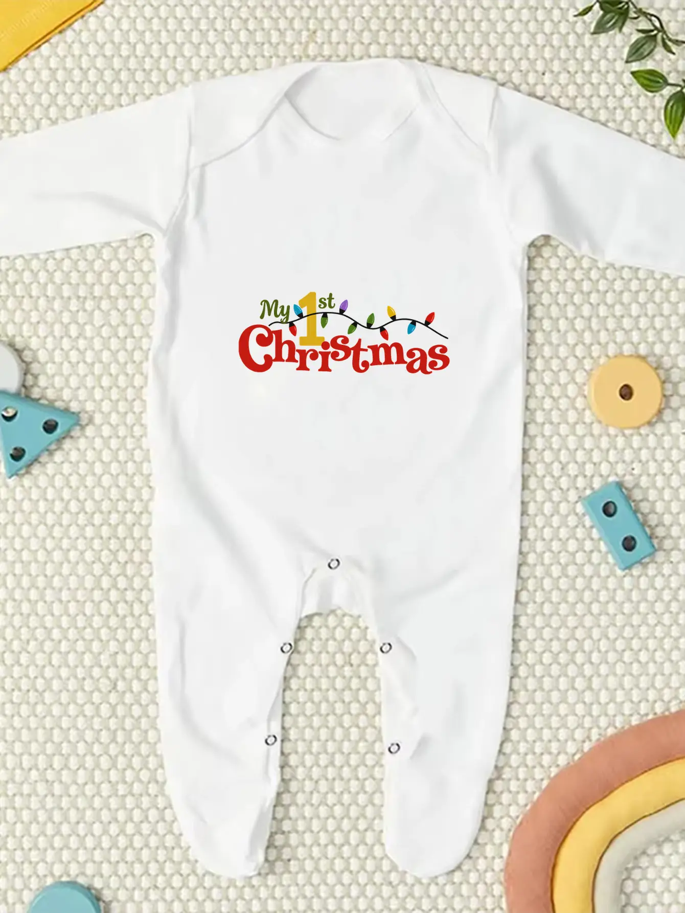 My First Christmas Baby Footed Romper Christmas Light String Print Long Sleeve Newborn Jumpsuit Infant Christmas Outfit Gift