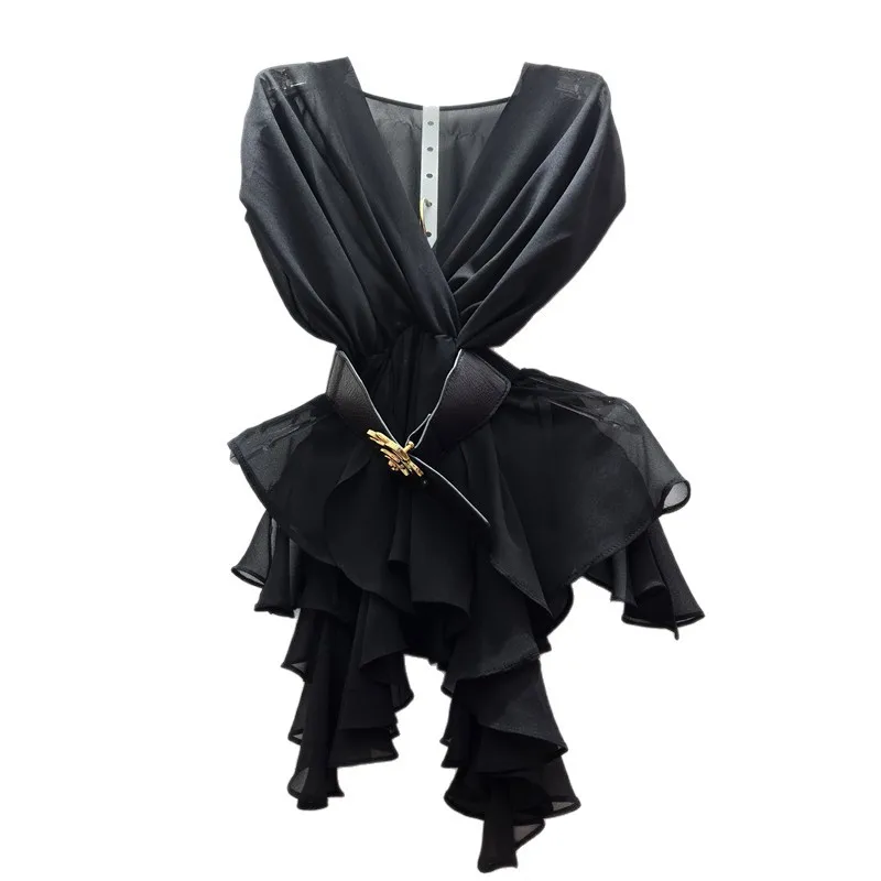 ฤดูร้อนยุโรปใหม่ INS Niche Design V คอพิมพ์เข็มขัดเอวอเนกประสงค์ Chic Light หรูหราเสื้อด้านบนสําหรับผู้หญิง