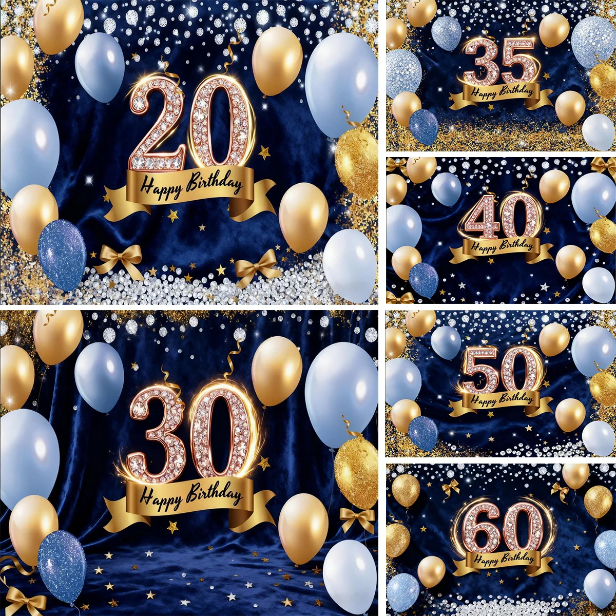 20th Birthday Happy Birthday Diamond Blue Gold Decor Vinyl Backdrop Photography Background with Balloons Ribbon Bows Stars