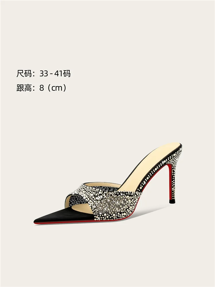 Stiletto Sandals Summer New Pointed Toe Rhinestone Tassel Strap Fashion Slippers Banquet Dress Large Size Small Size Women Shoes