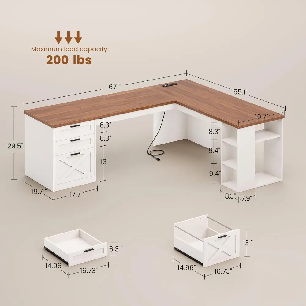 مكتب Farmhouse مقاس 67 بوصة على شكل حرف L مع 3 أدراج، ومكاتب مكتب منزلية مع أرفف تخزين، ومكتب كمبيوتر زاوية بيضاء مع مخرج طاقة