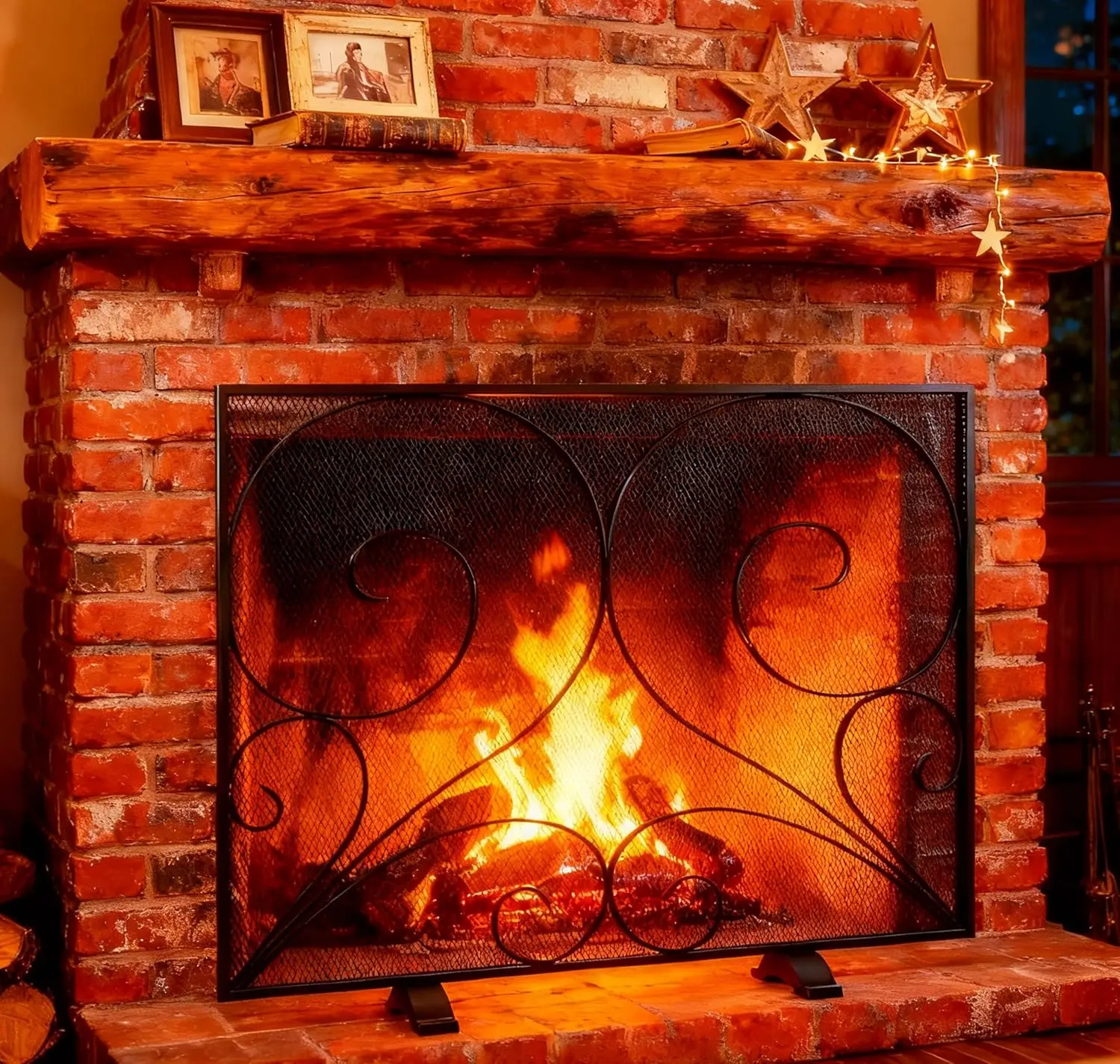 Single Panel Fireplace Screen Handcrafted Solid Wrought Iron Mesh, Heat-Resistant Fire Spark Guard for Fireplace-Black