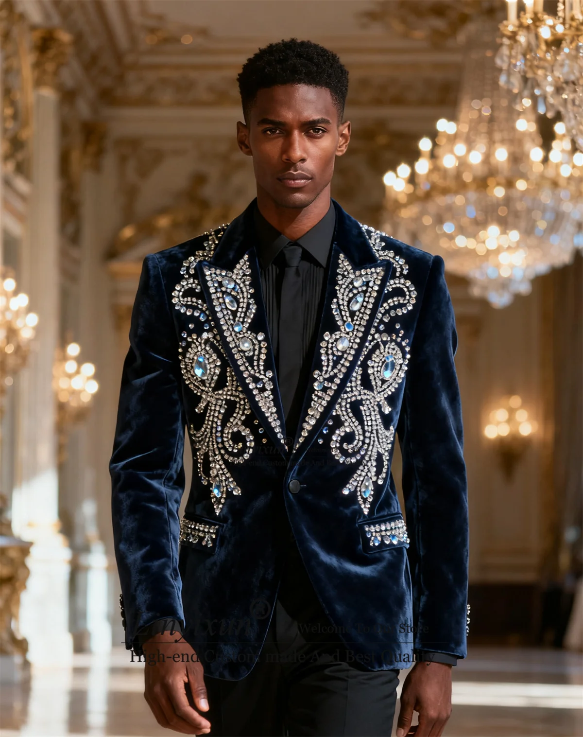 

Handmade Beaded Crystals Men Suits 2 Pieces Sets Wedding Party trajes para hombre Fashion Velvet Customized Groom Party Blazer