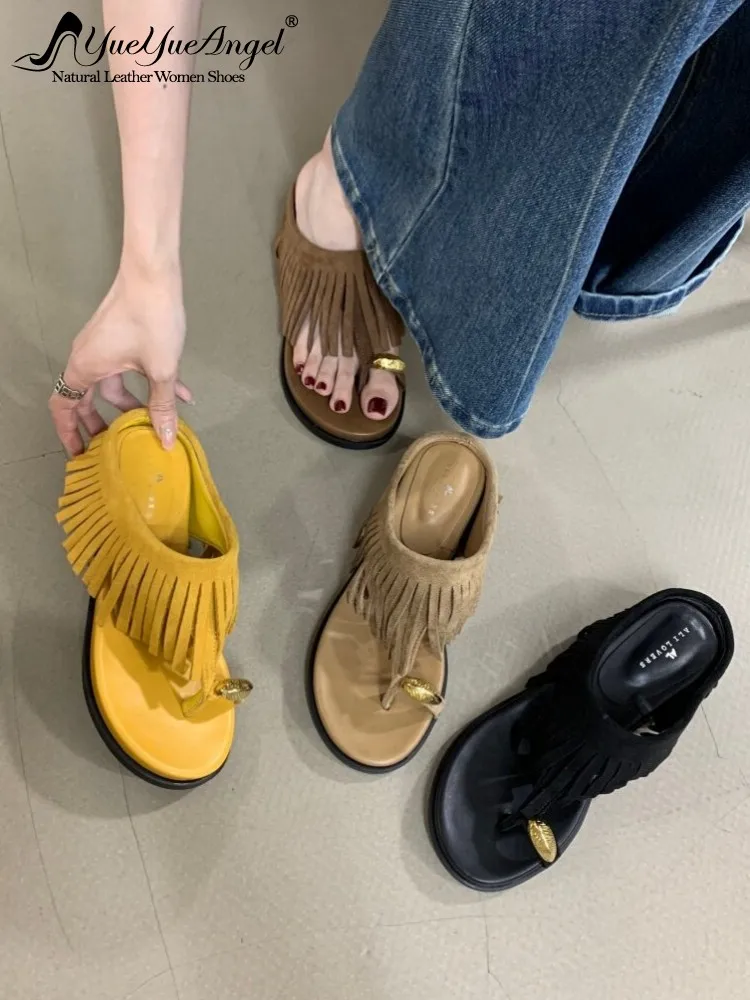 Retro Clip Toe Genuine Leather Platform Slippers Fashion Solid Color Suede Cowhide Slip On Tassel Female Chunky Heel Footwear