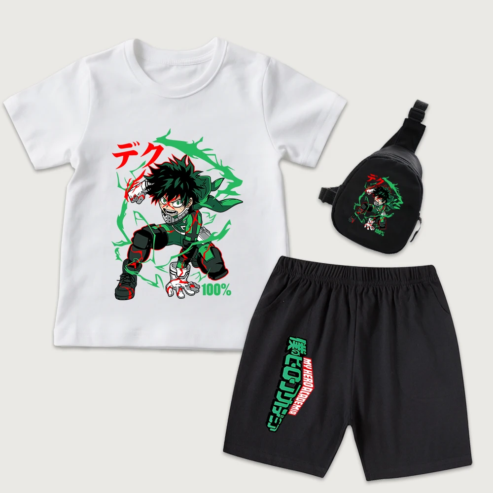 Kids My Hero Academia Midoriya Anime Print Cotton T Shirt Shorts Set with Mini Chest Bag 3pcs Set for Boys Girls