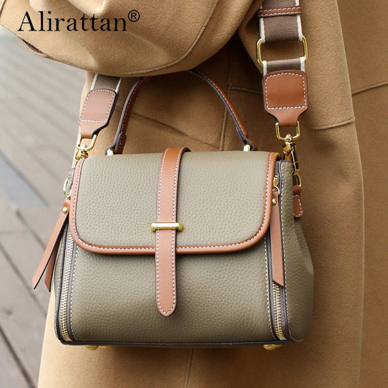 

Alirattan 2024 New First Layer Cowhide Handbag Version Contrast Color Leather Women's Bag All-Match Large-Capacity Messenger Bag