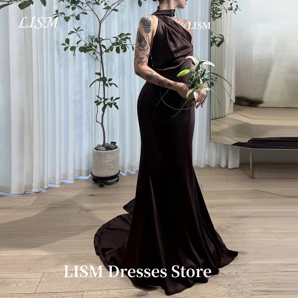 

LISM Halter Brown Mermaid Evening Dresses Sexy Silk Satin Long Elegant Prom Dresses 저녁 드레스 Customized Formal Party Dresses