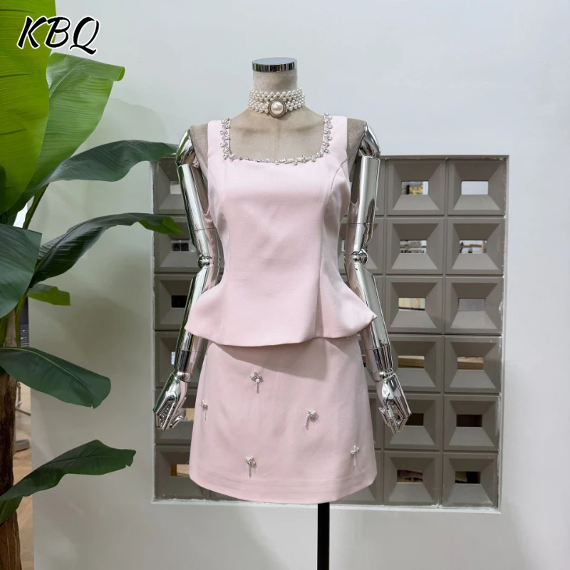 

KBQ Solid Spliced Diamonds Two Piece Set Female Square Collar Sleeveless Top Elegant Korean Women's Skirt Sets Summer Fashion