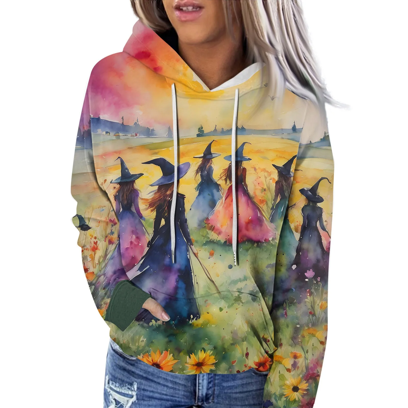 Autumn And Winter Women\'S Long Sleeved Hooded Sweatshirt Casual Halloween Witch Pattern Printed Hoodie Pullover For Women