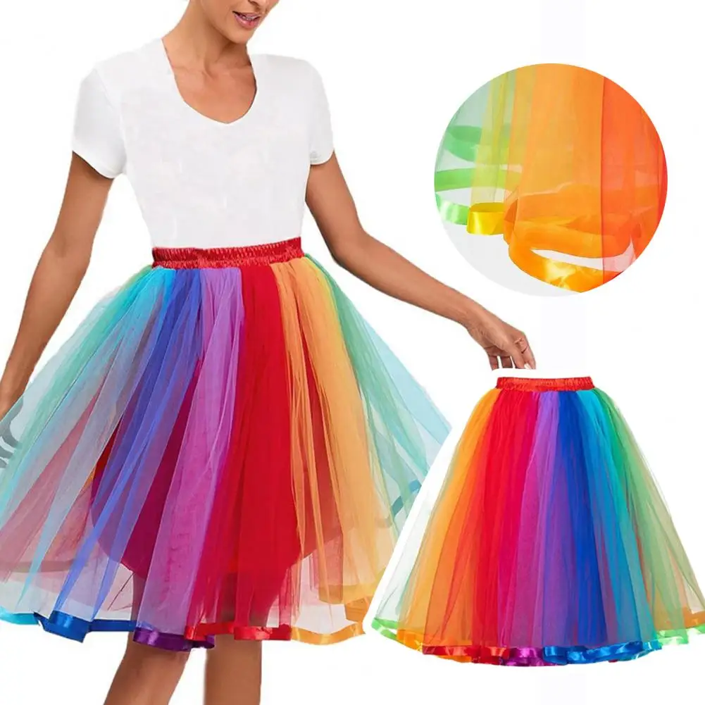 

Elasticated Waist Skirt Colorful Rainbow Dance Skirt High-waisted Midi with Elastic Waistband Sweet Style Mid-calf for Women