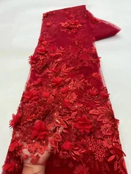 Latest Red 3D Flowers French Lace Fabric 2024 High Quality Handmade Beads African Sequins Tulle Lace Fabric For Wedding LXX24111