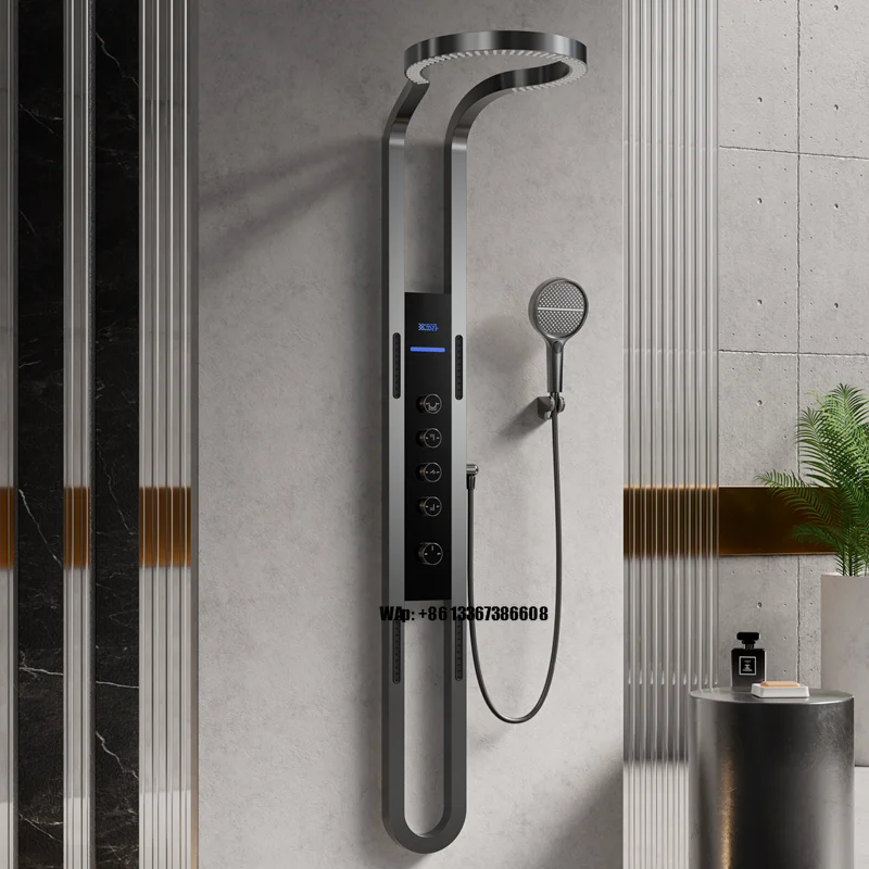 Zestaw wielofunkcyjnej cyfrowej głowicy prysznicowej z termostatycznymi bateriami, biały wyświetlacz, klawisze w stylu pianina, system masażu z funkcją ciepłej/zimnej wody.