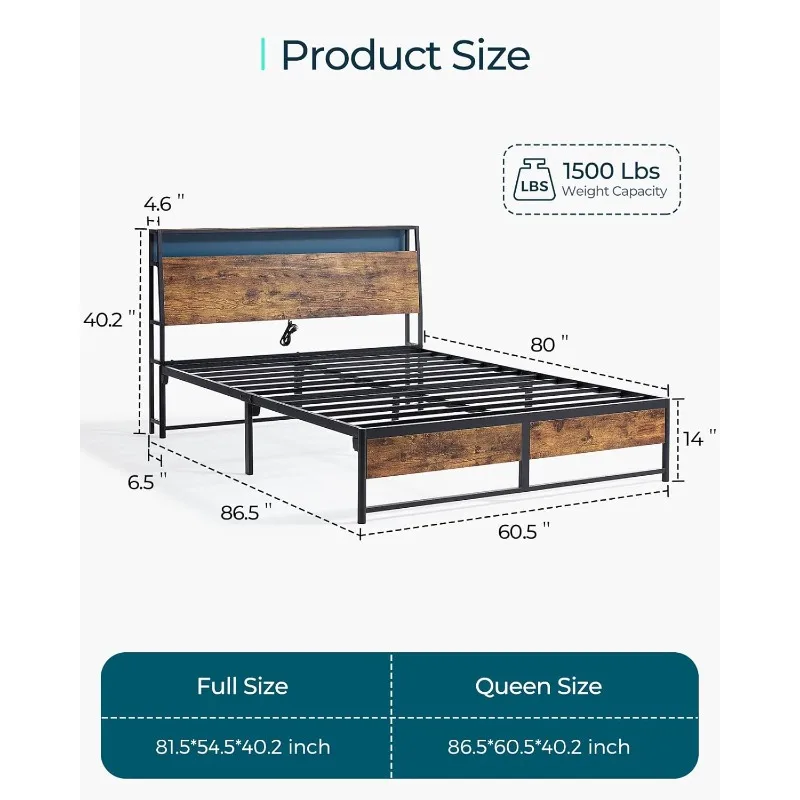 Queen Bed Frame with Ergonomic Headboard, Fast Assembly Metal Industrial Bed Frame with Lights & Charging, 14 inch Bed Frame