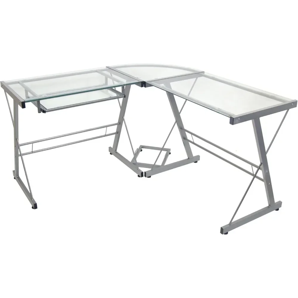 Ellis Modern Glass Top L Shaped Corner Gaming Desk with Computer Keyboard Tray