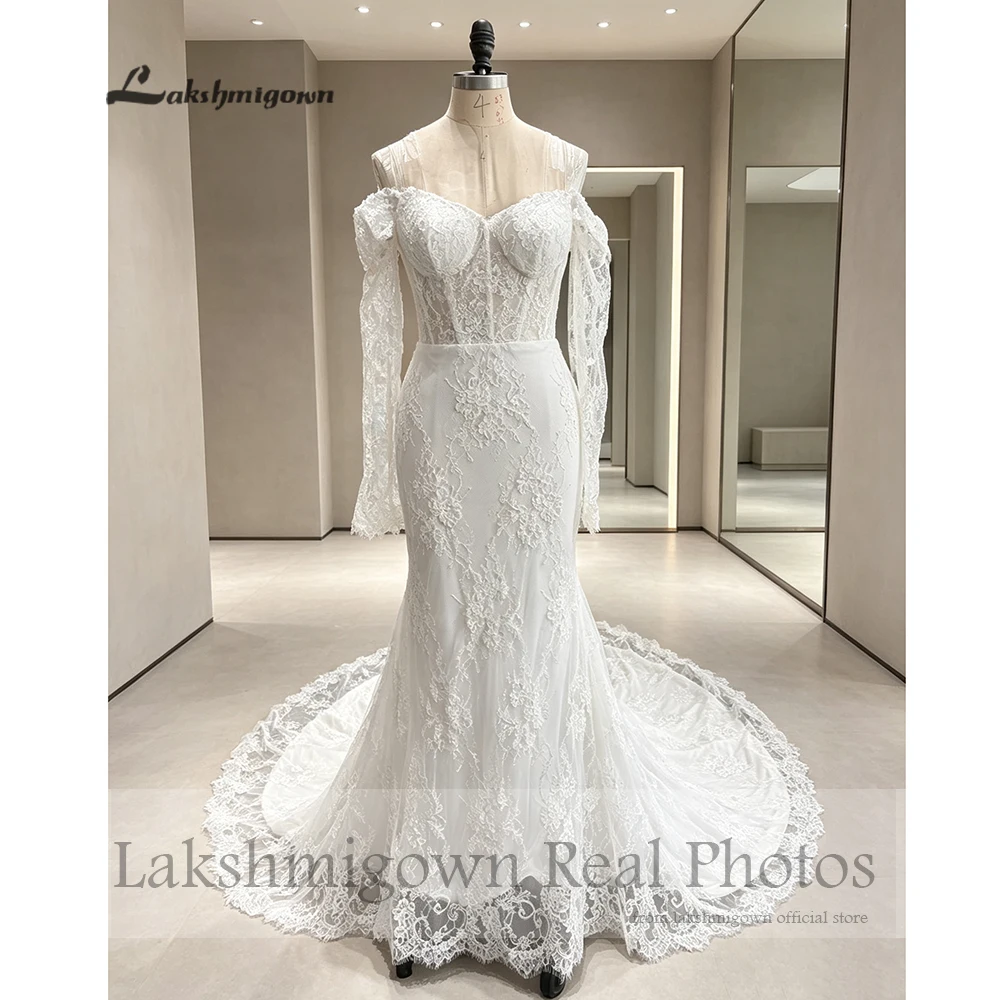 Lakshmigown Schulterfreies Meerjungfrauen-Brautkleid mit langen Ärmeln, luxuriöses Spitzen-Brautkleid, echte Fotos, individuell anpassbar. – Detail 5