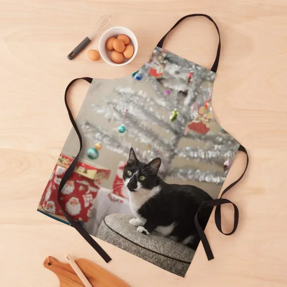 

Mid-Century Christmas Cat Apron men's barbecue Kitchen Kawaii Accessories Kitchen on the wall For Man Haircut Apron