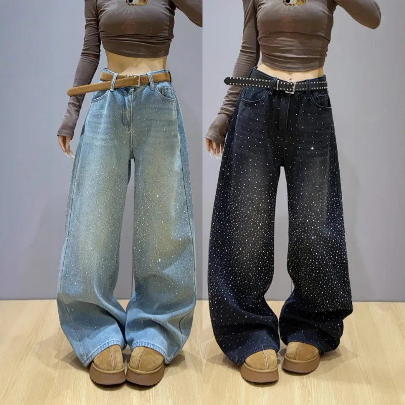 

Solid High Waist Slim Wide Leg Jeans Women's Spring 2026 New Loose Straight Floor Length Pants Diamond Studded Denim Women Pants