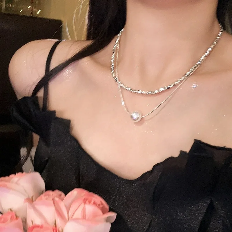 

Rhinestone & Pearl Double Layer Necklace for Women, Summer Versatile Clavicle Chain, Fashion Jewelry Accessory