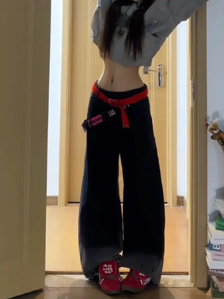 American Retro Gradient Black Wide Leg Jeans Women Loose Slimming Straight Floor-Length Pants Side Zipper Design Low Waist