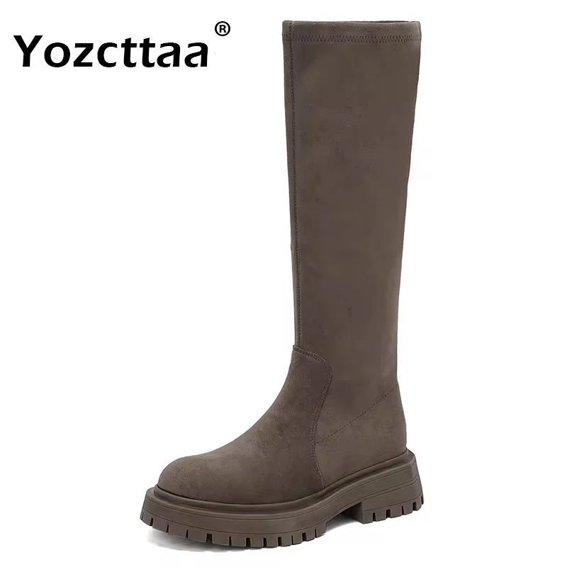 Yozcttaa-Botas de camurça alta para mulheres, couro real, sapatos de salto grosso, plataforma, casual, escritório, longa altura, outono, inverno, tamanho 34-39