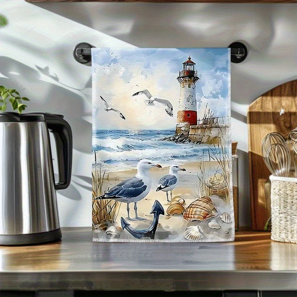 1pc Watercolor Lighthouse Seagull Beach Scrub Cloth,Soft Face&Hand Towel,Perfect for Kitchen,Bathroom,Seaside House,VacationHome