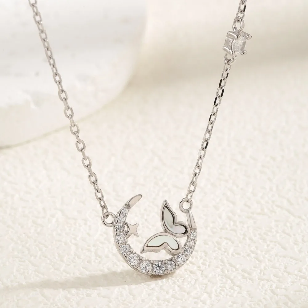 الهلال القمر ستار الفراشة شكل قلادة ضوء الفاخرة الأم شل تصميم الترقوة سلسلة قلادة