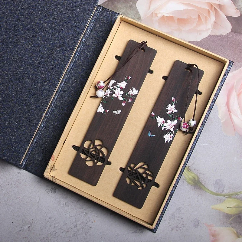 Vintage Cherry Blossom Bookmarks Wooden Painted Carved Book Page Holder Chinese Style Book Clip for School Korean Stationery