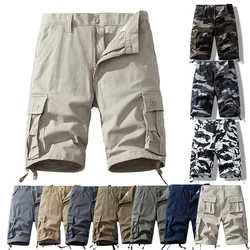 Men's Summer Cargo Shorts Pure Cotton Half Pants with Pockets Large Size Regular Fit Homme Brown White Hiking Sport Knee Shorts