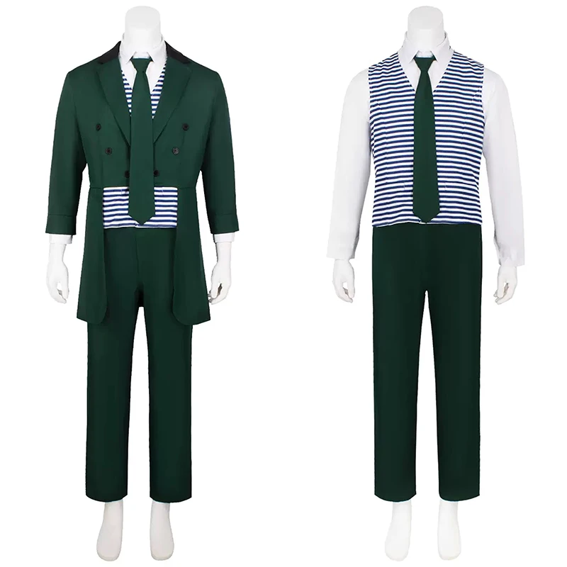 Haunted Cosplay Mansion Butler Castmember Costume Men's Striped Regency Green Suit Horror Movie Halloween Party Horror Ghost Set