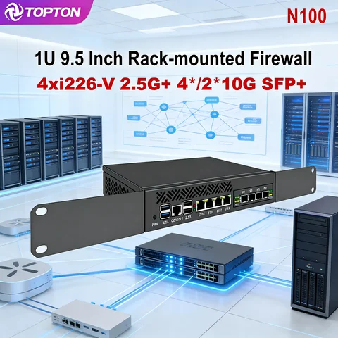 Intel N150 1U 9.5 Inch Rack mounted Firewall Mini PC Quad Core 4*/2*10G SFP 4*2.5G LAN i226-V Topton Network Security Server