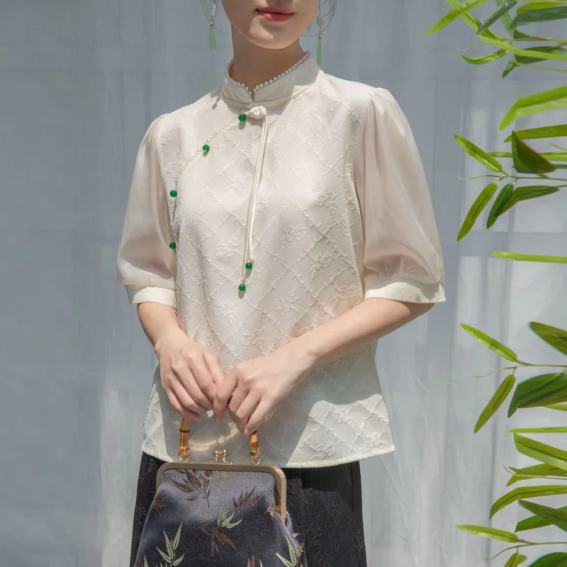 Women Clothing Vintage Elegant Chinese Style Embroidery Blouses Summer New Fashion Stand Collar Solid Color Tops Chic Pullovers